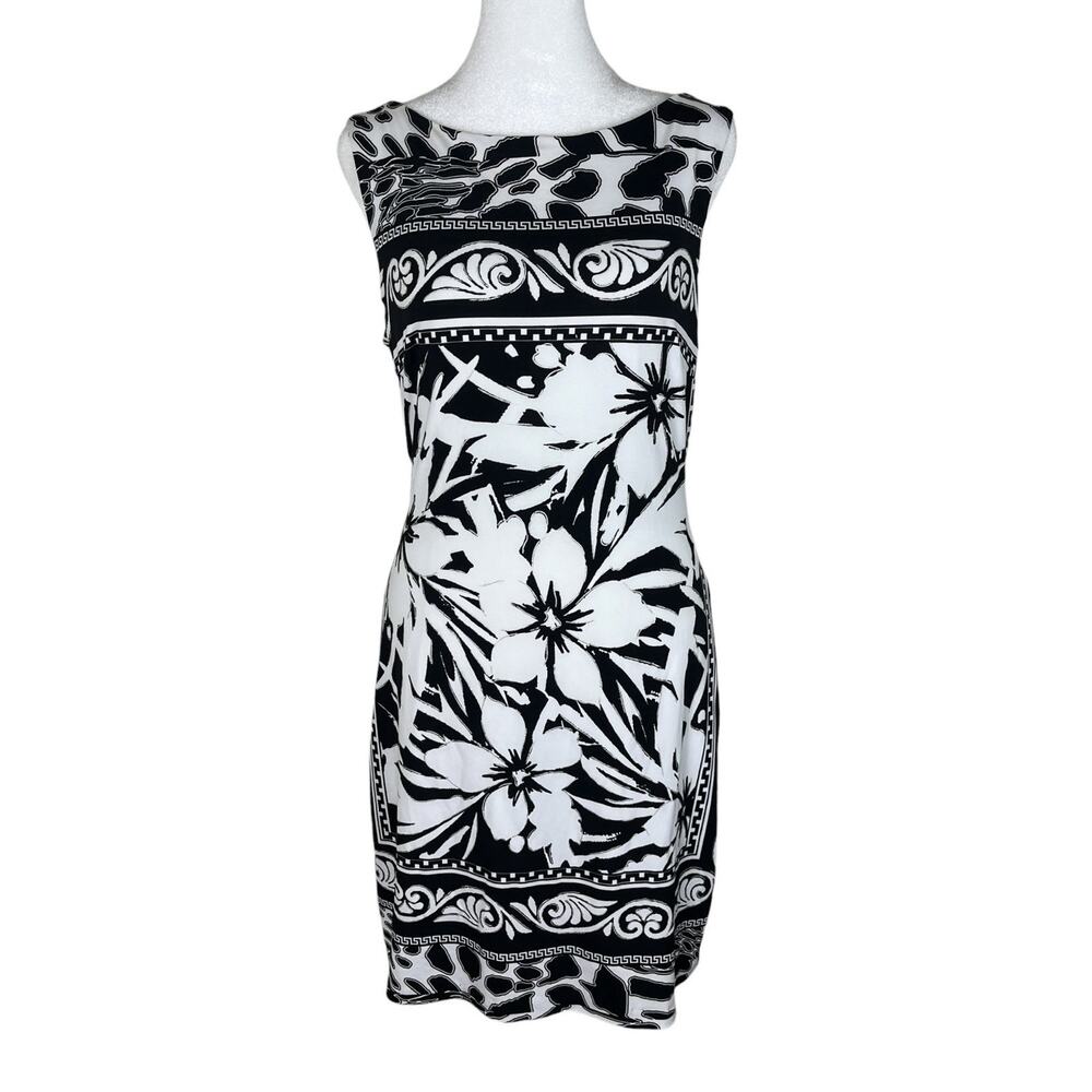 Cache Black & White Floral Jersey Sleeveless Sheath Dress Workwear Size 10
